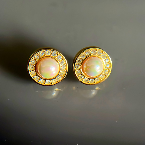 Vintage Faux Pearl Rhinestone Post Earrings - Picture 2 of 10